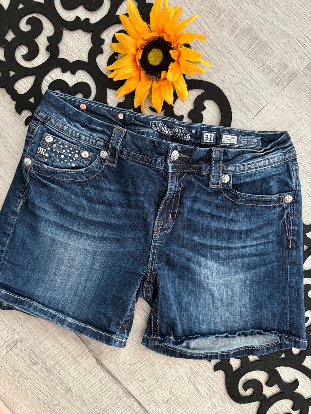 Miss Me Blue Distressed Denim Jean Shorts with Studded Pocket